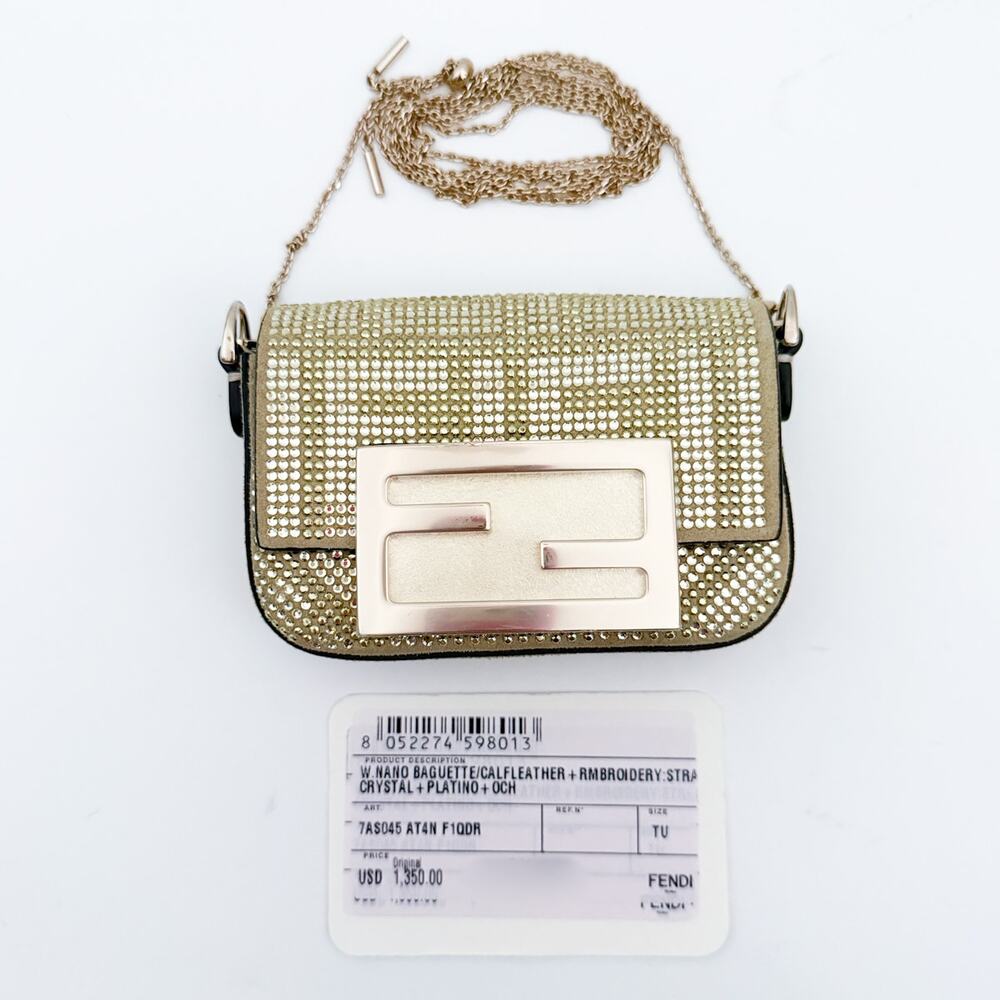 Fendi Crystal Vitello Laminato FF Nano Maxi Buckle Baguette Charm Light Gold